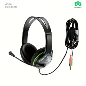 400AB Wired Gaming Headset with Mic - Over-Ear Headphones for PC & Laptop, Noise Isolating, 3.5mm Jack, 2m Cable, Black & Green Design